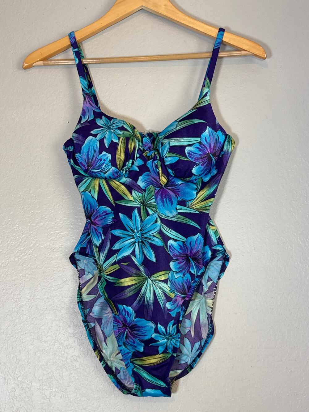 Vintage One Piece Super High Cut Swimsuit Hawaiian Floral Print Womens 10 Swim